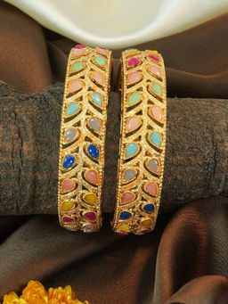 GRIIHAM - Gold Plated Set of 2 Studded Broad Bangles
