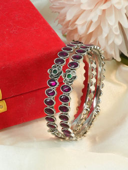 GRIIHAM - Maroon Stones Silver Plated Oxidised Set of 2 Bangles (2.4)