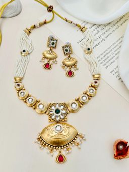 Abdesigns - Enchanting Gold Plated Kundan Pearl Necklace with Earrings