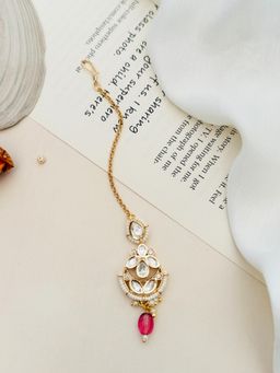 Abdesigns - Gold Plated Polki Pink Kundan Studded and Beaded Maang Tikka