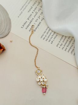 Abdesigns - Gold Plated Polki Pink Kundan Studded and Beaded Maang Tikka