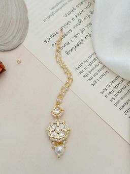Abdesigns - Gold Plated Polki White Kundan Studded and Beaded Maang Tikka
