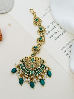 Abdesigns - Green Gold Plated Kemp Stone Studded and Beaded Temple Maang Tikka