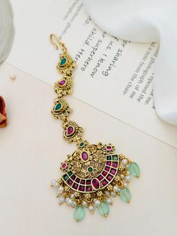 Abdesigns - Multi-Color Kemp Stone Studded and Beaded Temple Maang Tikka