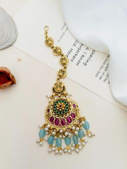 Abdesigns - Multi-Color Kemp Stone Studded and Beaded Temple Maang Tikka