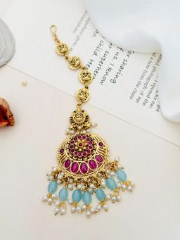 Abdesigns - Pink Kemp Stone Studded and Beaded Temple Maang Tikka