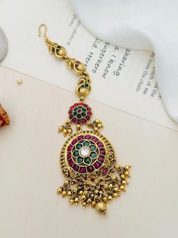 Abdesigns - Multi-Color Kemp Stone Studded and Beaded Temple Maang Tikka