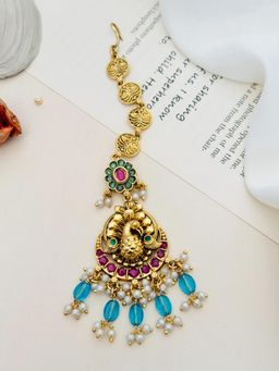 Abdesigns - Multi-Color Kemp Stone Studded and Beaded Temple Maang Tikka