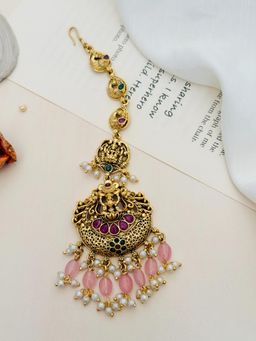 Abdesigns - Pink Kemp Stone Studded and Beaded Temple Maang Tikka
