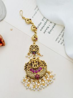 Abdesigns - Pink Kemp Stone Studded and Beaded Temple Maang Tikka