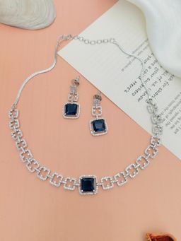 Abdesigns - Navy Blue Sophisticated Silver Plated American Diamond Necklace with Earrings