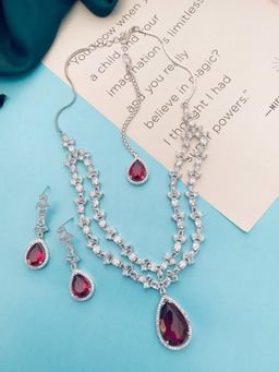 Abdesigns - Red Sophisticated American Diamond Silver Plated Jewellery Set