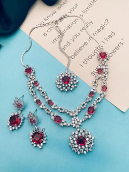 Abdesigns - Red Sophisticated American Diamond Silver Plated Jewellery Set