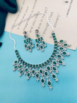 Abdesigns - Green Sophisticated American Diamond Silver Plated Jewellery Set
