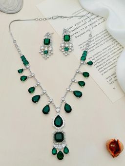 Abdesigns - Green Enchanting Silver Plated American Diamond Necklace with Earrings