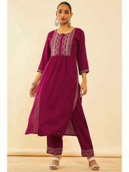 Soch - Women Pink Rayon Embroidered Kurta with Pant (Set of 2)