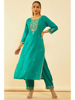 Soch - Women Green Rayon Embroidered Kurta with Pant (Set of 2)