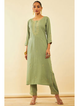 Soch - Women Green Rayon Embroidered Kurta with Pant (Set of 2)