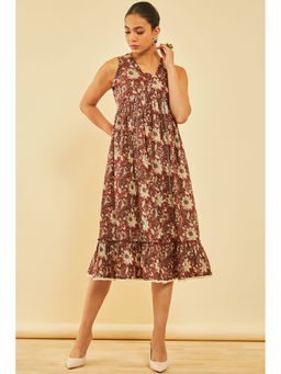 Soch - Women Maroon Cotton Floral Midi Dress