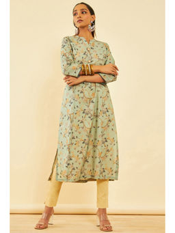 Soch - Women Green Linen Floral Kurta