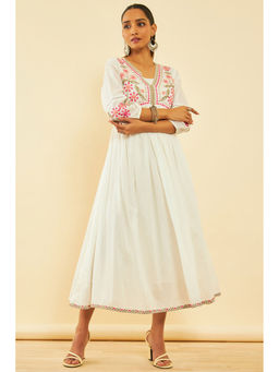 Soch - Women Off White Cotton Embroidered Maxi Dress