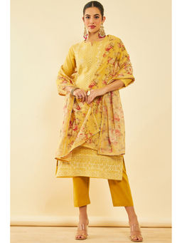 Soch - Women Mustard Chanderi Embroidered Kurta with Pant & Dupatta (Set of 3)