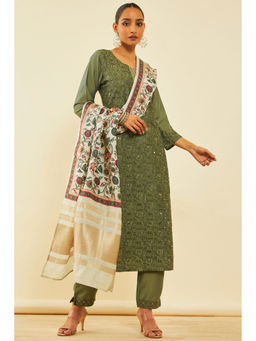 Soch - Women Green Rayon Embroidered Kurta with Pant & Dupatta (Set of 3)