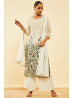 Soch - Women Off White Georgette Embroidered Kurta with Palazzo & Dupatta (Set of 3)