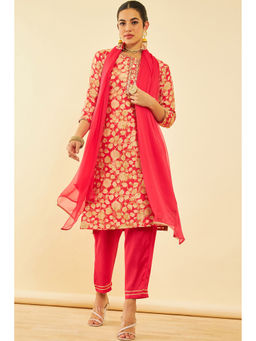 Soch - Women Pink Rayon Floral Kurta with Pant & Dupatta (Set of 3)