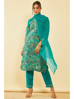Soch - Women Teal Rayon Printed Kurta with Pant & Dupatta (Set of 3)