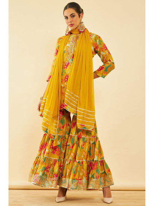 Soch Women Mustard Cotton Floral Kurta with Sharara & Dupatta (Set of 3)