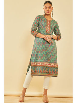 Soch - Women Green Cotton Floral Kurta