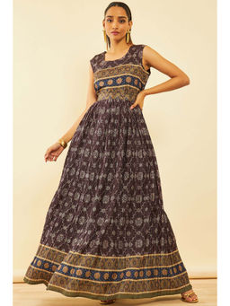 Soch - Women Charcoal Synthetic Printed Maxi Dress with Belt (Set of 2)