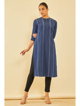 Soch - Women Navy Blue Cotton Embroidered Kurta