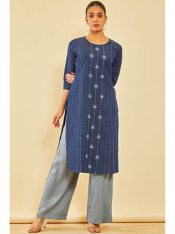Soch - Women Navy Blue Cotton Embroidered Kurta