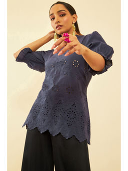 Soch - Women Navy Blue Cotton Self Design Tunic