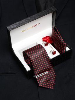MUTAQINOTI - Men Printed Maroon Tie with Pocket Square Tie Pin, Brooch & Cufflinks