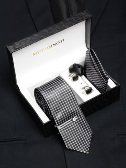 MUTAQINOTI - Men Printed Grey Tie with Pocket Square Tie Pin, Brooch & Cufflinks