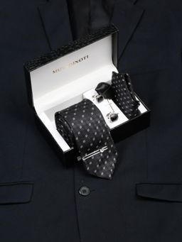 MUTAQINOTI - Men Printed Black Tie with Pocket Square Tie Pin, Brooch & Cufflinks