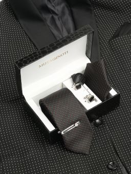 MUTAQINOTI - Men Printed Black Tie with Pocket Square Tie Pin, Brooch & Cufflinks