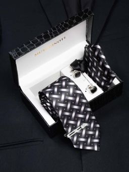 MUTAQINOTI - Men Printed Black Tie with Pocket Square Tie Pin, Brooch & Cufflinks