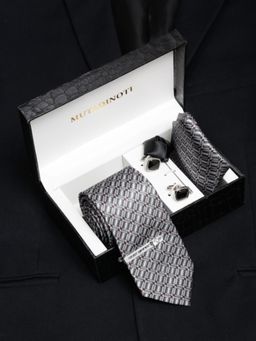 MUTAQINOTI - Men Printed Grey Tie with Pocket Square Tie Pin, Brooch & Cufflinks