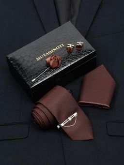 MUTAQINOTI - Men Solid Brown Tie with Pocket Square Tie Pin, Brooch & Cufflinks