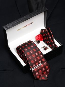MUTAQINOTI - Men Printed Maroon Tie with Pocket Square Tie Pin, Brooch & Cufflinks