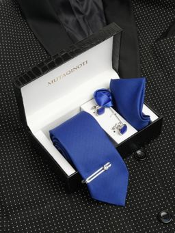 MUTAQINOTI - Men Printed Blue Tie with Pocket Square Tie Pin, Brooch & Cufflinks