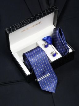 MUTAQINOTI - Men Printed Blue Tie with Pocket Square Tie Pin, Brooch & Cufflinks