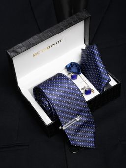 MUTAQINOTI - Men Printed Blue Tie with Pocket Square Tie Pin, Brooch & Cufflinks