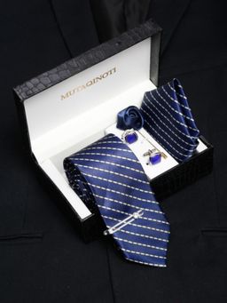 MUTAQINOTI - Men Printed Blue Tie with Pocket Square Tie Pin, Brooch & Cufflinks
