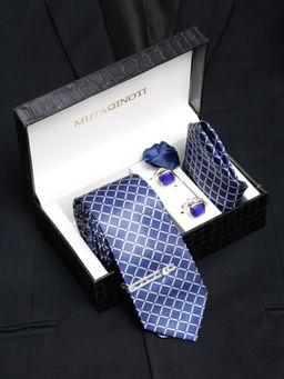 MUTAQINOTI - Men Checks Blue Tie with Pocket Square Tie Pin, Brooch & Cufflinks