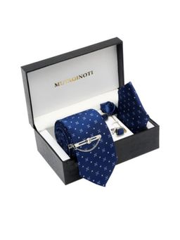 MUTAQINOTI - Men Printed Blue Tie with Pocket Square Tie Pin, Brooch & Cufflinks